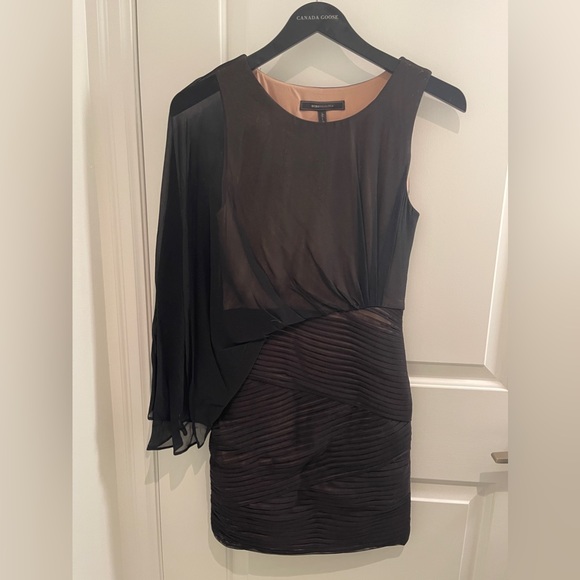 BCBG Maxazria cocktail mini black dress, asymmetrical sleeve, extra-small - Picture 1 of 6
